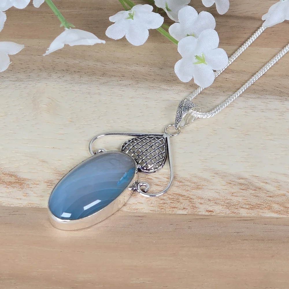 Vintage Style Blue Chalcedony Gemstone Pendant Necklace Country Boho Whimsi New